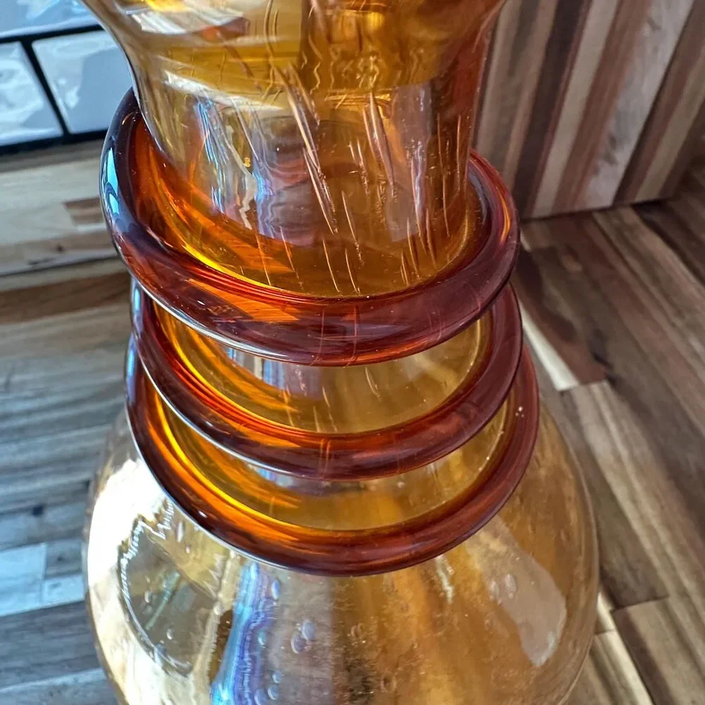 MCM Amber Thick Glass Bulbous Bottle Jug Vase Hand Blown Statement Centerpiece